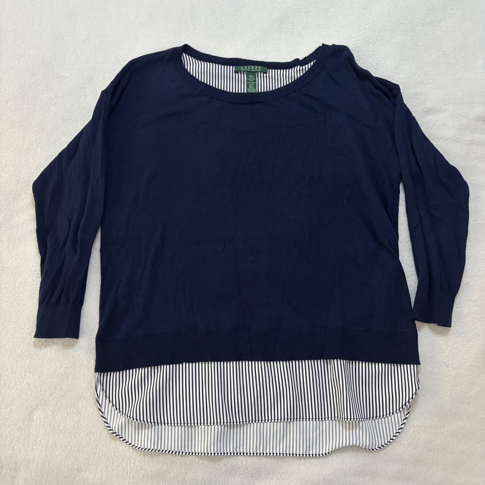 Lauren Ralph Lauren Navy Blue Striped Layered Mixed Media Sweater Top Large